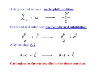 Aldehydes and ketones: nucleophilic addition
Esters and acid chlorides: nucleophilic acyl substitution
Alkyl halides: SN2
C
O
+ YZ C
OY
Z
C
W
O
+ Z C
Z
O
+ W
R X + Z R Z + X
Carbanions as the nucleophiles in the above reactions.
 