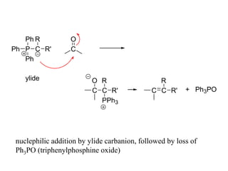 C
O
C R'
R
PPh3
C C
R
R' + Ph3PO
P
Ph
Ph
Ph
C
R
R' C
O
ylide
nuclephilic addition by ylide carbanion, followed by loss of
Ph3PO (triphenylphosphine oxide)
 