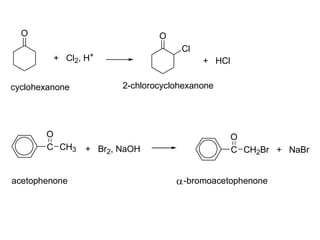 O
+ Cl2, H+
O
Cl
+ HCl
2-chlorocyclohexanone
C CH3
O
+ Br2, NaOH C CH2Br + NaBr
O
-bromoacetophenone

cyclohexanone
acetophenone
 