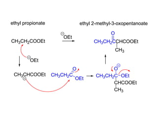 ethyl propionate
CH3CH2CCHCOOEt
CH3
O
ethyl 2-methyl-3-oxopentanoate
OEt
CH3CH2COOEt
OEt
CH3CHCOOEt CH3CH2C
O
OEt
CH3CH2C
O
OEt
CHCOOEt
CH3
 