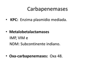 Carbapenemases
• KPC: Enzima plasmidio mediada.
• Metalobetalactamases
IMP, VIM e
NDM: Subcontinente indiano.
• Oxa-carbapenemases: Oxa 48.
 