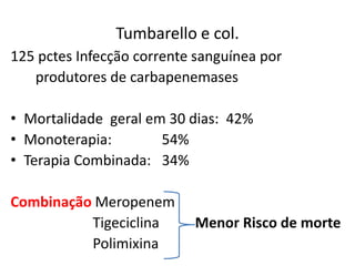 Tumbarello e col.
125 pctes Infecção corrente sanguínea por
produtores de carbapenemases
• Mortalidade geral em 30 dias: 42%
• Monoterapia: 54%
• Terapia Combinada: 34%
Combinação Meropenem
Tigeciclina Menor Risco de morte
Polimixina
 