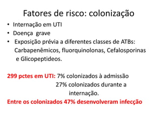 Fatores de risco: colonização
• Internação em UTI
• Doença grave
• Exposição prévia a diferentes classes de ATBs:
Carbapenêmicos, fluorquinolonas, Cefalosporinas
e Glicopeptideos.
299 pctes em UTI: 7% colonizados à admissão
27% colonizados durante a
internação.
Entre os colonizados 47% desenvolveram infecção
 