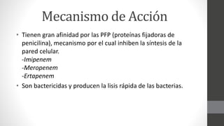 Mecanismo de Acción
• Tienen gran afinidad por las PFP (proteínas fijadoras de
penicilina), mecanismo por el cual inhiben la síntesis de la
pared celular.
-Imipenem
-Meropenem
-Ertapenem
• Son bactericidas y producen la lisis rápida de las bacterias.
 