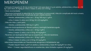 MEROPENEM
• Perfusión IV durante 15-30 min (o bolo IV de 5 min para dosis ≤ 1 g en adultos, adolescentes y niñoscon > 50
kg o para dosis 20 mg/kg en niños 3 meses-11 años con ≤ 50 kg).
• Dosis recomendadas:
- Neumonía (incluyendo la adquirida en la comunidad y la nosocomial), infección complicada del tracto urinario,
complicada intra-abdominal, complicada de piel y tejidos blandos.
• Adultos, adolescentes y niños con > 50 kg: 500 mg ó 1 g/8 h;
• niños 3 meses-11 años con ≤ 50 kg: 10 ó 20 mg/kg/8 h.
- Infección intra- y post-parto.
• Adultos. y adolescentes: 500 mg ó 1 g/8 h.
- Infección broncopulmonar en fibrosis quística y meningitis bacteriana aguda.
• Adultos, adolescentes y niños con > 50 kg: 2 g/8 h.
• Niños 3 meses-11 años y con ≤ 50 kg: 40 mg/kg/8 h.
- Pacientes con neutropenia febril que se sospecha por infección bacteriana.
• Adultos, adolescentes y niños con > 50 kg: 1 g/8 h;
• Niños 3 meses-11 años y con ≤ 50 kg: 20 mg/kg/8 h.
-Infecciones nosocomiales por Pseudomonas aeruginosa o Acinetobacter spp.
• Pueden requerir hasta 2 g/8 h en adultos y adolescentes, y hasta 40 mg/kg/8 h en niños.
Niños < 3 meses: seguridad/eficacia no establecidas, datos limitados sugieren 20 mg/kg/8 h.
 