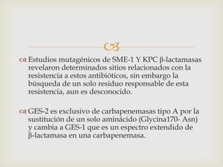 
 Estudios mutagénicos de SME-1 Y KPC β-lactamasas
  revelaron determinados sitios relacionados con la
  resistencia a estos antibióticos, sin embargo la
  búsqueda de un solo residuo responsable de esta
  resistencia, aun es desconocido.

 GES-2 es exclusivo de carbapenemasas tipo A por la
  sustitución de un solo aminácido (Glycina170- Asn)
  y cambia a GES-1 que es un espectro extendido de
  β-lactamasa en una carbapenemasa.
 
