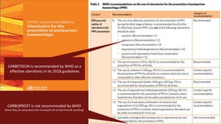 CARBETOCIN is recommended by WHO as a
effective uterotonic in its 2018 guidelines
CARBOPROST is not recommended by WHO
(Since they are associated with increased risk of diarrhoea & vomiting)
 