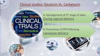 Clinical studies: Oxytocin Vs. Carbetocin
A. Management of 3rd stage of labor
During vaginal delivery
B. Prevention of PPH following
caesarean delivery
 