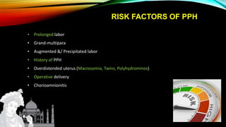 RISK FACTORS OF PPH
• Prolonged labor
• Grand-multipara
• Augmented &/ Precipitated labor
• History of PPH
• Overdistended uterus (Macrosomia, Twins, Polyhydrominos)
• Operative delivery
• Chorioamnionitis
 
