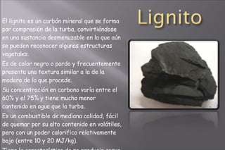 <ul><li>El lignito es un carbón mineral que se forma por compresión de la turba, convirtiéndose en una sustancia desmenuza...