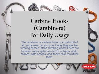 Carbine Hooks
(Carabiners)
For Daily Usage
The carabiner or carbine hook is a useful bit of
kit, some even go as far as to say they are the
‘unsung heroes’ of the climbing world. There are
however many options in terms of types, parts,
shapes, gate options, and finally how you utilize
them.
 