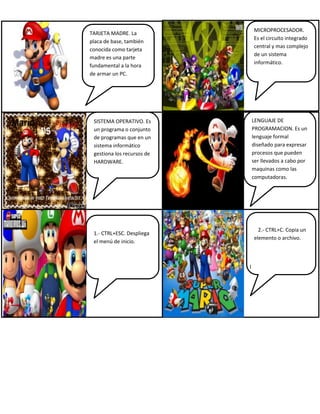 l
MICROPROCESADOR.
Es el circuito integrado
central y mas complejo
de un sistema
informático.
SISTEMA OPERATIVO. Es
un programa o conjunto
de programas que en un
sistema informático
gestiona los recursos de
HARDWARE.
LENGUAJE DE
PROGRAMACION. Es un
lenguaje formal
diseñado para expresar
procesos que pueden
ser llevados a cabo por
maquinas como las
computadoras.
1.- CTRL+ESC. Despliega
el menú de inicio.
2.- CTRL+C. Copia un
elemento o archivo.
TARJETA MADRE. La
placa de base, también
conocida como tarjeta
madre es una parte
fundamental a la hora
de armar un PC.
 