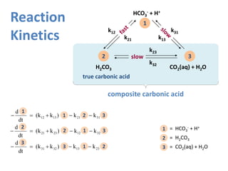 Reaction
Kinetics
CO2(aq) + H2O
true carbonic acid
HCO3
- + H+
H2CO3
1
2 3
k21 k13
k31
composite carbonic acid
k23
k32
k12...