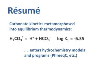 Résumé
H2CO3
* = H+ + HCO3
- log K1 = -6.35
Carbonate kinetics metamorphosed
into equilibrium thermodynamics:
... enters h...