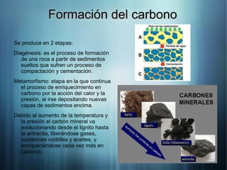 Formación del carbono

Se produce en 2 etapas:
Diagénesis: es el proceso de formación
   de una roca a partir de sedimentos
   sueltos que sufren un proceso de
   compactación y cementación.
Metamorfismo: etapa en la que continua
  el proceso de enriquecimiento en
  carbono por la acción del calor y la
  presión, al irse depositando nuevas
  capas de sedimentos encima.
Debido al aumento de la temperatura y
  la presión el carbón mineral va
  evolucionando desde el lignito hasta
  la antracita, liberándose gases,
  sustancias volátiles y aceites, y
  enriqueciéndose cada vez más en
  carbono.
 