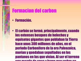Formacion del carbon <ul><li>Formación. </li></ul><ul><li>El carbón se formó, principalmente, cuando los extensos bosques ...