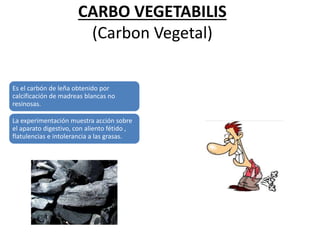 CARBO VEGETABILIS
(Carbon Vegetal)
Es el carbón de leña obtenido por
calcificación de madreas blancas no
resinosas.
La experimentación muestra acción sobre
el aparato digestivo, con aliento fétido ,
flatulencias e intolerancia a las grasas.
 