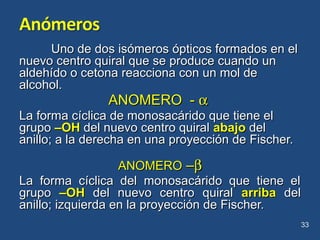 Uno de dos isómeros ópticos formados en elUno de dos isómeros ópticos formados en el
nuevo centro quiral que se produce cuando unnuevo centro quiral que se produce cuando un
aldehído o cetona reacciona con un mol dealdehído o cetona reacciona con un mol de
alcohol.alcohol.
ANOMERO -ANOMERO - αα
La forma cíclica de monosacárido que tiene elLa forma cíclica de monosacárido que tiene el
grupogrupo –OH–OH del nuevo centro quiraldel nuevo centro quiral abajoabajo deldel
anillo; a la derecha en una proyección de Fischer.anillo; a la derecha en una proyección de Fischer.
ANOMEROANOMERO ––ββ
La forma cíclica del monosacárido que tiene elLa forma cíclica del monosacárido que tiene el
grupogrupo –OH–OH del nuevo centro quiraldel nuevo centro quiral arribaarriba deldel
anillo; izquierda en la proyección de Fischer.anillo; izquierda en la proyección de Fischer.
33
 