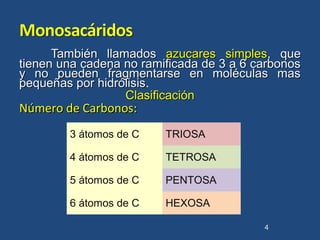 También llamadosTambién llamados azucares simplesazucares simples, que, que
tienen una cadena no ramificada de 3 a 6 carbonostienen una cadena no ramificada de 3 a 6 carbonos
y no pueden fragmentarse en moléculas masy no pueden fragmentarse en moléculas mas
pequeñas por hidrólisispequeñas por hidrólisis.
ClasificaciónClasificación
Número de Carbonos:Número de Carbonos:
3 átomos de C TRIOSA
4 átomos de C TETROSA
5 átomos de C PENTOSA
6 átomos de C HEXOSA
4
 
