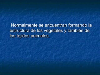 Normalmente se encuentran formando laNormalmente se encuentran formando la
estructura de los vegetales y también deestructura de los vegetales y también de
los tejidos animales.los tejidos animales.
 