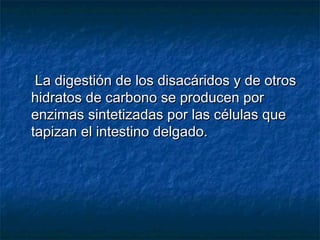 La digestión de los disacáridos y de otrosLa digestión de los disacáridos y de otros
hidratos de carbono se producen porhidratos de carbono se producen por
enzimas sintetizadas por las células queenzimas sintetizadas por las células que
tapizan el intestino delgado.tapizan el intestino delgado.
 