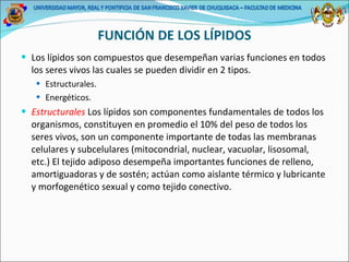 FUNCIÓN DE LOS LÍPIDOS Los lípidos son compuestos que desempeñan varias funciones en todos los seres vivos las cuales se pueden dividir en 2 tipos. Estructurales. Energéticos. Estructurales   Los lípidos son componentes fundamentales de todos los organismos, constituyen en promedio el 10% del peso de todos los seres vivos, son un componente importante de todas las membranas celulares y subcelulares (mitocondrial, nuclear, vacuolar, lisosomal, etc.) El tejido adiposo desempeña importantes funciones de relleno, amortiguadoras y de sostén; actúan como aislante térmico y lubricante y morfogenético sexual y como tejido conectivo. 