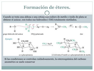 Azúcares no reductores Los azúcares que se encuentran en la forma de acetales son estables frente al reactivo de Tollens y son azúcares no reductores. A estos azúcares en forma acetálica se les denomina glicósidos. Los azúcares no reductores (glicósidos) son acetales y no sufren mutarrotación. 