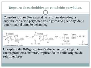 Degradación de Ruff. La degradación de Ruff es un proceso que consta de dos partes, comenzando por la oxidación, utilizando agua de bromo, de la aldosa a ácido aldónico. Cuando se hace reaccionar el ácido aldónico con peróxido de hidrógeno y sulfato de hierro (III), el grupo carboxilo se oxida a CO 2  y se obtiene una aldosa con un carbono menos. La degradación de Ruff se utiliza principalmente para la determinación estructural y la síntesis de nuevos azúcares 