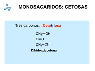 MONOSACARIDOS: CETOSAS


Tres carbonos: Cetotriosa

           CH2   OH
           C O
           CH2 OH
        Dihidroxiacetona
 