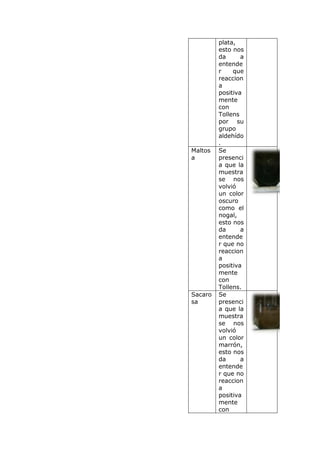 plata,
         esto nos
         da      a
         entende
         r    que
         reaccion
         a
         positiva
         mente
         con
         Tollens
         por su
         grupo
         aldehído
         .
Maltos   Se
a        presenci
         a que la
         muestra
         se nos
         volvió
         un color
         oscuro
         como el
         nogal,
         esto nos
         da      a
         entende
         r que no
         reaccion
         a
         positiva
         mente
         con
         Tollens.
Sacaro   Se
sa       presenci
         a que la
         muestra
         se nos
         volvió
         un color
         marrón,
         esto nos
         da      a
         entende
         r que no
         reaccion
         a
         positiva
         mente
         con
 