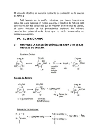 El segundo objetivo se cumplió mediante la realización de la prueba
de fehling

      Está basada en la acción reductora que tienen losazúcares
sobre los iones cúpricos en medio alcalino, el reactivo de Fehling está
constituido por dos soluciones que se mezclan al momento de usarse,
el poder reductor de los polisacáridos depende, del número
decarbonilos potencialmente libres que no estén involucrados en
enlacesglucosídicos.

     IV. CUESTIONARIO

a)    FORMULES LA REACCIÓN QUÍMICA DE CADA UNO DE LAS
      PRUEBAS DE ENSAYO.




Prueba de Tollens
 