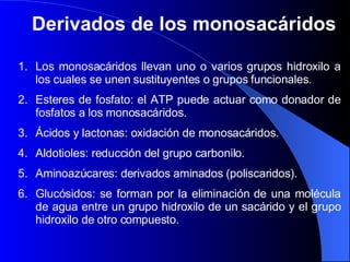 Derivados de los monosacáridos  Los monosacáridos llevan uno o varios grupos hidroxilo a los cuales se unen sustituyentes o grupos funcionales. Esteres de fosfato: el ATP puede actuar como donador de fosfatos a los monosacáridos.  Ácidos y lactonas: oxidación de monosacáridos. Aldotioles: reducción del grupo carbonilo. Aminoazúcares: derivados aminados (poliscaridos). Glucósidos: se forman por la eliminación de una molécula de agua entre un grupo hidroxilo de un sacárido y el grupo hidroxilo de otro compuesto.  