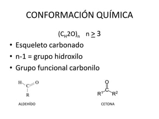 CONFORMACIÓN QUÍMICA
(CH2O)n n > 3
• Esqueleto carbonado
• n-1 = grupo hidroxilo
• Grupo funcional carbonilo
ALDEHÍDO CETONA
 