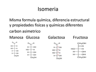Isomeria
Misma formula química, diferencia estructural
y propiedades fisicas y químicas diferentes
carbon asimetrico
Manosa Glucosa Galactosa Fructosa
 