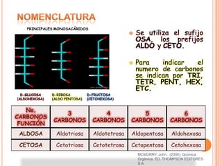 PRINCIPALES MONOSACÁRIDOS





D-GLUCOSA
(ALDOHEXOSA)

D-RIBOSA
(ALDO PENTOSA)

D-FRUCTOSA
(CETOHEXOSA)

Se utiliza el sufijo
OSA, los prefijos
ALDO y CETO.
Para
indicar
el
numero de carbonos
se indican por TRI,
TETR, PENT, HEX,
ETC.

No.
CARBONOS
FUNCIÓN

3
CARBONOS

4
CARBONOS

5
CARBONOS

6
CARBONOS

ALDOSA

Aldotriosa

Aldotetrosa

Aldopentosa

Aldohexosa

CETOSA

Cetotriosa

Cetotetrosa

Cetopentosa

Cetohexosa

MCMURRY, John . (2000), Química
Orgánica, ED. THOMPSON EDITORES
S.A

 