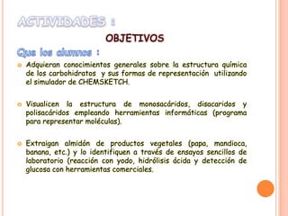 OBJETIVOS






Adquieran conocimientos generales sobre la estructura química
de los carbohidratos y sus formas de representación utilizando
el simulador de CHEMSKETCH.
Visualicen la estructura de monosacáridos, disacaridos y
polisacáridos empleando herramientas informáticas (programa
para representar moléculas).

Extraigan almidón de productos vegetales (papa, mandioca,
banana, etc.) y lo identifiquen a través de ensayos sencillos de
laboratorio (reacción con yodo, hidrólisis ácida y detección de
glucosa con herramientas comerciales.

 