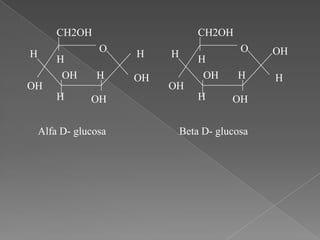 CH2OH

CH2OH
O

H

H
OH

H

OH
H

OH

Alfa D- glucosa

H

OH

O

H

H
OH

OH

H

H

OH
H

OH

Beta D- glucosa

 