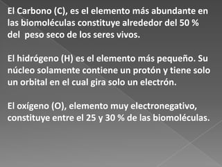 El Carbono (C), es el elemento más abundante en
las biomoléculas constituye alrededor del 50 %
del peso seco de los seres vivos.
El hidrógeno (H) es el elemento más pequeño. Su
núcleo solamente contiene un protón y tiene solo
un orbital en el cual gira solo un electrón.

El oxígeno (O), elemento muy electronegativo,
constituye entre el 25 y 30 % de las biomoléculas.

 