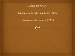 Coenzima NAD +
Nicotinamida adenina dinucleótido

pirofosfato de tiamina ( TPP)

 