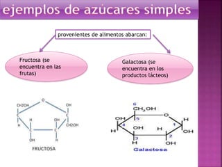 provenientes de alimentos abarcan:

Fructosa (se
encuentra en las
frutas)

Galactosa (se
encuentra en los
productos lácteos)

 