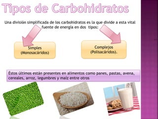 Una división simplificada de los carbohidratos es la que divide a esta vital
fuente de energía en dos tipos:
..
Simples
(Monosacáridos)

Complejos
(Polisacáridos).

Éstos últimos están presentes en alimentos como panes, pastas, avena,
cereales, arroz, legumbres y maíz entre otros

 