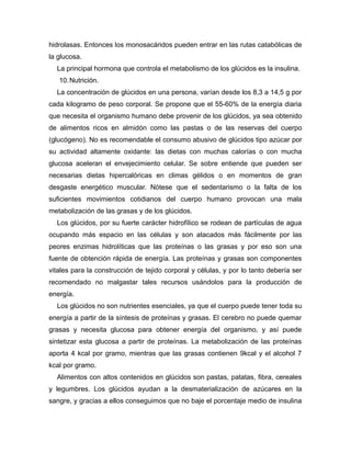 hidrolasas. Entonces los monosacáridos pueden entrar en las rutas catabólicas de
la glucosa.
La principal hormona que controla el metabolismo de los glúcidos es la insulina.
10.Nutrición.
La concentración de glúcidos en una persona, varían desde los 8,3 a 14,5 g por
cada kilogramo de peso corporal. Se propone que el 55-60% de la energía diaria
que necesita el organismo humano debe provenir de los glúcidos, ya sea obtenido
de alimentos ricos en almidón como las pastas o de las reservas del cuerpo
(glucógeno). No es recomendable el consumo abusivo de glúcidos tipo azúcar por
su actividad altamente oxidante: las dietas con muchas calorías o con mucha
glucosa aceleran el envejecimiento celular. Se sobre entiende que pueden ser
necesarias dietas hipercalóricas en climas gélidos o en momentos de gran
desgaste energético muscular. Nótese que el sedentarismo o la falta de los
suficientes movimientos cotidianos del cuerpo humano provocan una mala
metabolización de las grasas y de los glúcidos.
Los glúcidos, por su fuerte carácter hidrofílico se rodean de partículas de agua
ocupando más espacio en las células y son atacados más fácilmente por las
peores enzimas hidrolíticas que las proteínas o las grasas y por eso son una
fuente de obtención rápida de energía. Las proteínas y grasas son componentes
vitales para la construcción de tejido corporal y células, y por lo tanto debería ser
recomendado no malgastar tales recursos usándolos para la producción de
energía.
Los glúcidos no son nutrientes esenciales, ya que el cuerpo puede tener toda su
energía a partir de la síntesis de proteínas y grasas. El cerebro no puede quemar
grasas y necesita glucosa para obtener energía del organismo, y así puede
sintetizar esta glucosa a partir de proteínas. La metabolización de las proteínas
aporta 4 kcal por gramo, mientras que las grasas contienen 9kcal y el alcohol 7
kcal por gramo.
Alimentos con altos contenidos en glúcidos son pastas, patatas, fibra, cereales
y legumbres. Los glúcidos ayudan a la desmaterialización de azúcares en la
sangre, y gracias a ellos conseguimos que no baje el porcentaje medio de insulina
 