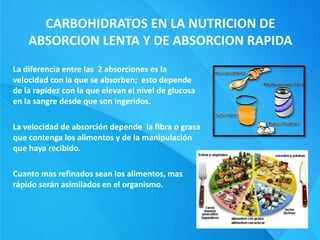 CARBOHIDRATOS EN LA NUTRICION DE
ABSORCION LENTA Y DE ABSORCION RAPIDA
La diferencia entre las 2 absorciones es la
velocidad con la que se absorben; esto depende
de la rapidez con la que elevan el nivel de glucosa
en la sangre desde que son ingeridos.
La velocidad de absorción depende la fibra o grasa
que contenga los alimentos y de la manipulación
que haya recibido.
Cuanto mas refinados sean los alimentos, mas
rápido serán asimilados en el organismo.
 