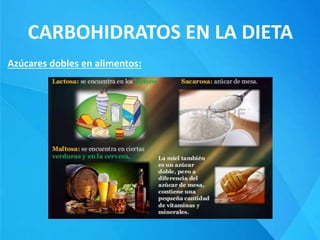 CARBOHIDRATOS EN LA DIETA
Azúcares dobles en alimentos:
 