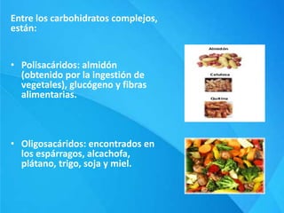 Entre los carbohidratos complejos,
están:
• Polisacáridos: almidón
(obtenido por la ingestión de
vegetales), glucógeno y fibras
alimentarias.
• Oligosacáridos: encontrados en
los espárragos, alcachofa,
plátano, trigo, soja y miel.
 