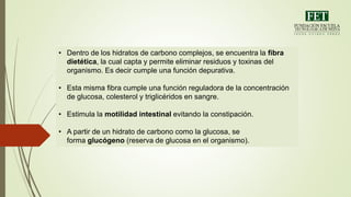 • Dentro de los hidratos de carbono complejos, se encuentra la fibra
dietética, la cual capta y permite eliminar residuos y toxinas del
organismo. Es decir cumple una función depurativa.
• Esta misma fibra cumple una función reguladora de la concentración
de glucosa, colesterol y triglicéridos en sangre.
• Estimula la motilidad intestinal evitando la constipación.
• A partir de un hidrato de carbono como la glucosa, se
forma glucógeno (reserva de glucosa en el organismo).
 