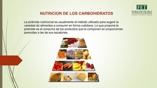 NUTRICION DE LOS CARBOHIDRATOS
La pirámide nutricional es usualmente el método utilizado para sugerir la
variedad de alimentos a consumir en forma cotidiana. Lo que propone la
pirámide es el consumo de los productos que la componen en proporciones
parecidas a las de sus escalones.
 