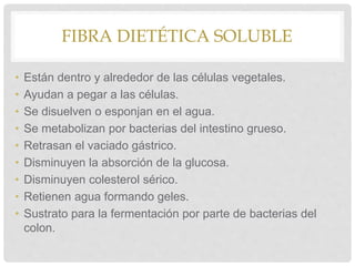 FIBRA DIETÉTICA SOLUBLE
• Están dentro y alrededor de las células vegetales.
• Ayudan a pegar a las células.
• Se disuelven o esponjan en el agua.
• Se metabolizan por bacterias del intestino grueso.
• Retrasan el vaciado gástrico.
• Disminuyen la absorción de la glucosa.
• Disminuyen colesterol sérico.
• Retienen agua formando geles.
• Sustrato para la fermentación por parte de bacterias del
colon.
 