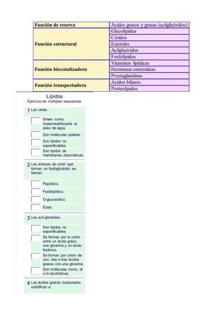 Función de reserva Ácidos grasos y grasas (acilglicéridos)
Función estructural
Glucolípidos
Céridos
Esteroles
Acilglicéridos
Fosfolípidos
Función biocatalizadora
Vitaminas lipídicas
Hormonas esteroideas
Prostaglandinas
Función transportadora
Ácidos biliares
Proteolípidos
Lípidos
Ejercicio de múltiples respuestas
1 Las ceras
Sirven como
impermeabilizante al
paso de agua.
Son moléculas polares.
Son lípidos no
saponificables.
Son lípidos de
membranas plasmáticas.
2 Los enlaces de unión que
forman un fosfoglicérido se
llaman:
Peptídico.
Fosfolipídico.
O-glucosídico.
Éster.
3 Los acil-glicéridos
Son lípidos no
saponificables.
Se forman por la unión
entre un ácido graso,
una glicerina y un ácido
fosfórico.
Se forman por unión de
uno, dos o tres ácidos
grasos con una glicerina.
Son moléculas mono, di
o tri alcohólicas.
4 Los ácidos grasos insaturados
solidifican a:
 
