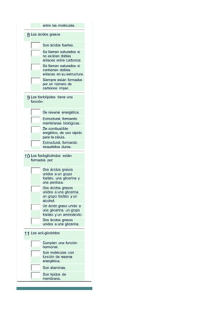 entre las moléculas.
8 Los ácidos grasos
Son ácidos fuertes.
Se llaman saturados si
no existen dobles
enlaces entre carbonos.
Se llaman saturados si
contienen dobles
enlaces en su estructura.
Siempre están formados
por un número de
carbonos impar.
9 Los fosfolípidos tiene una
función:
De reserva energética.
Estructural, formando
membranas biológicas.
De combustible
enrgético, de uso rápido
para la célula.
Estructural, formando
esqueletos duros.
10 Los fosfoglicéridos están
formados por:
Dos ácidos grasos
unidos a un grupo
fosfato, una glicerina y
una pentosa.
Dos ácidos grasos
unidos a una glicerina,
un grupo fosfato y un
alcohol.
Un ácido graso unido a
una glicerina, un grupo
fosfato y un aminoácido.
Dos ácidos grasos
unidos a una glicerina.
11 Los acil-glicéridos
Cumplen una función
hormonal.
Son moléculas con
función de reserva
energética.
Son vitaminas.
Son lípidos de
membrana.
 